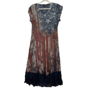 Cal Style USA Size Large Dress Patriotic American Flag Red White Blue Rhinestone